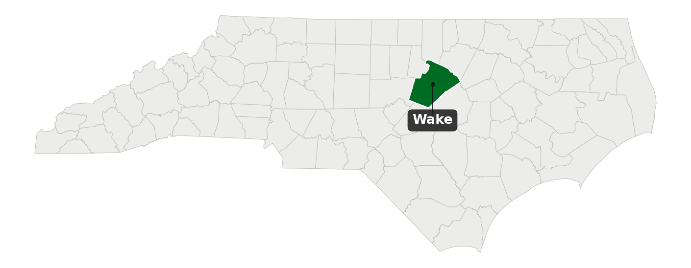 Map of North Carolina with Wake County shaded green.