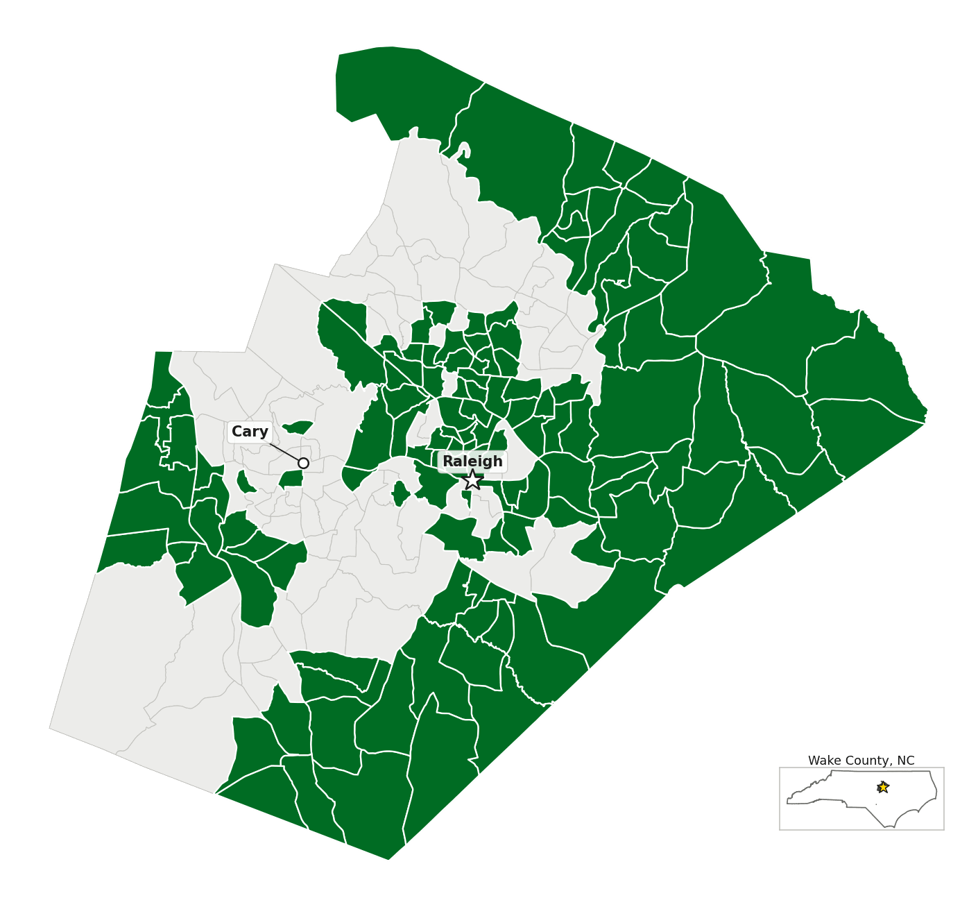 Map of Wake County, NC, with the election day precincts covered by transcribable submissions shaded green.