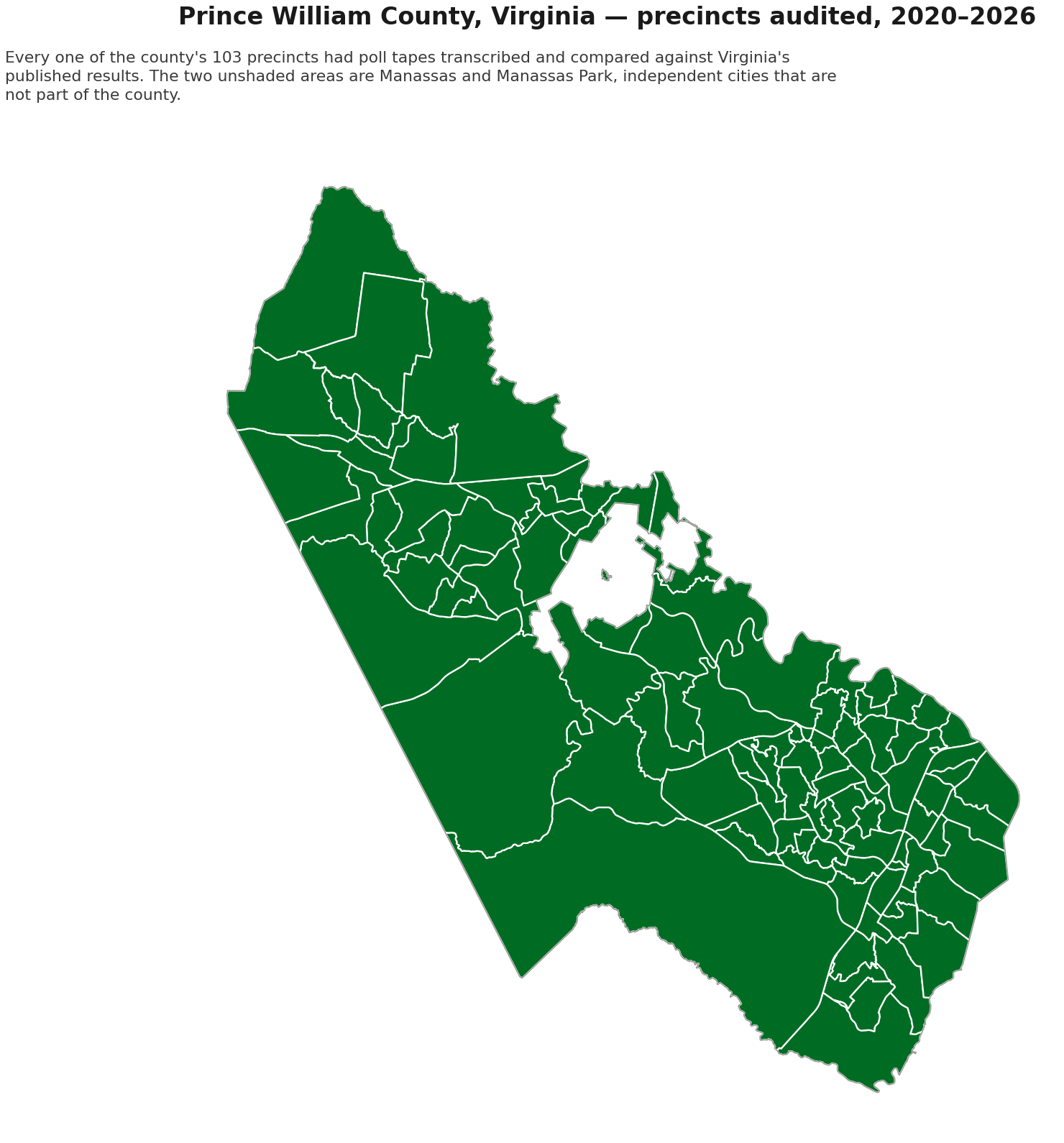 Map of Prince William County, Virginia with all 103 voting precincts shaded green.