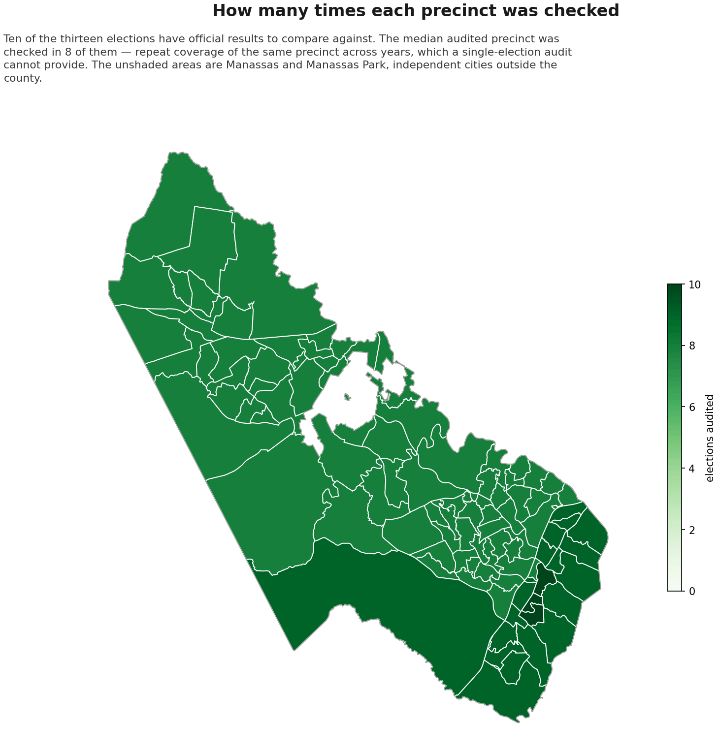 Map of Prince William County shaded by how many elections each precinct was audited in, from eight to ten.
