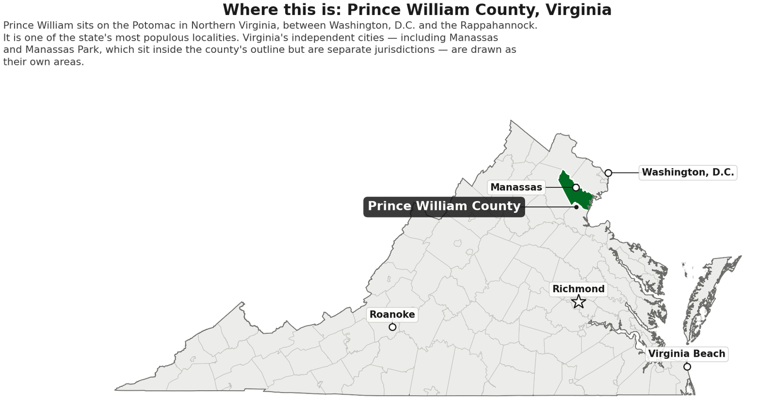 Map of Virginia with Prince William County shaded green in the north-east of the state, with Washington D.C., Manassas, Richmond, Roanoke and Virginia Beach marked for orientation.