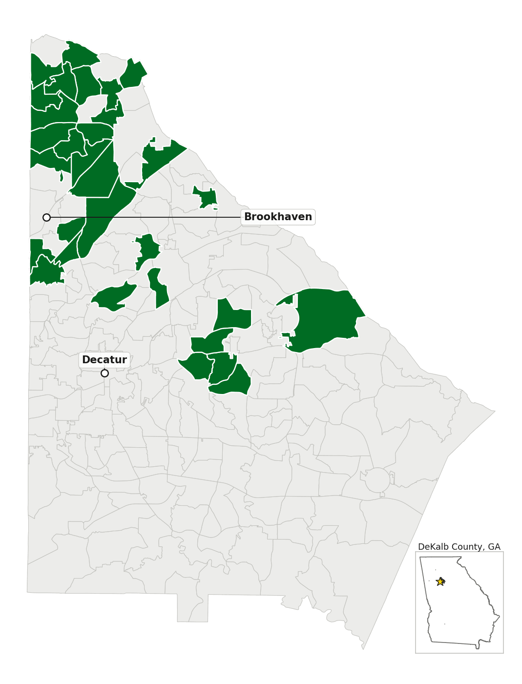 Map of DeKalb County, GA, with the precincts covered by transcribable election-day tapes shaded green.