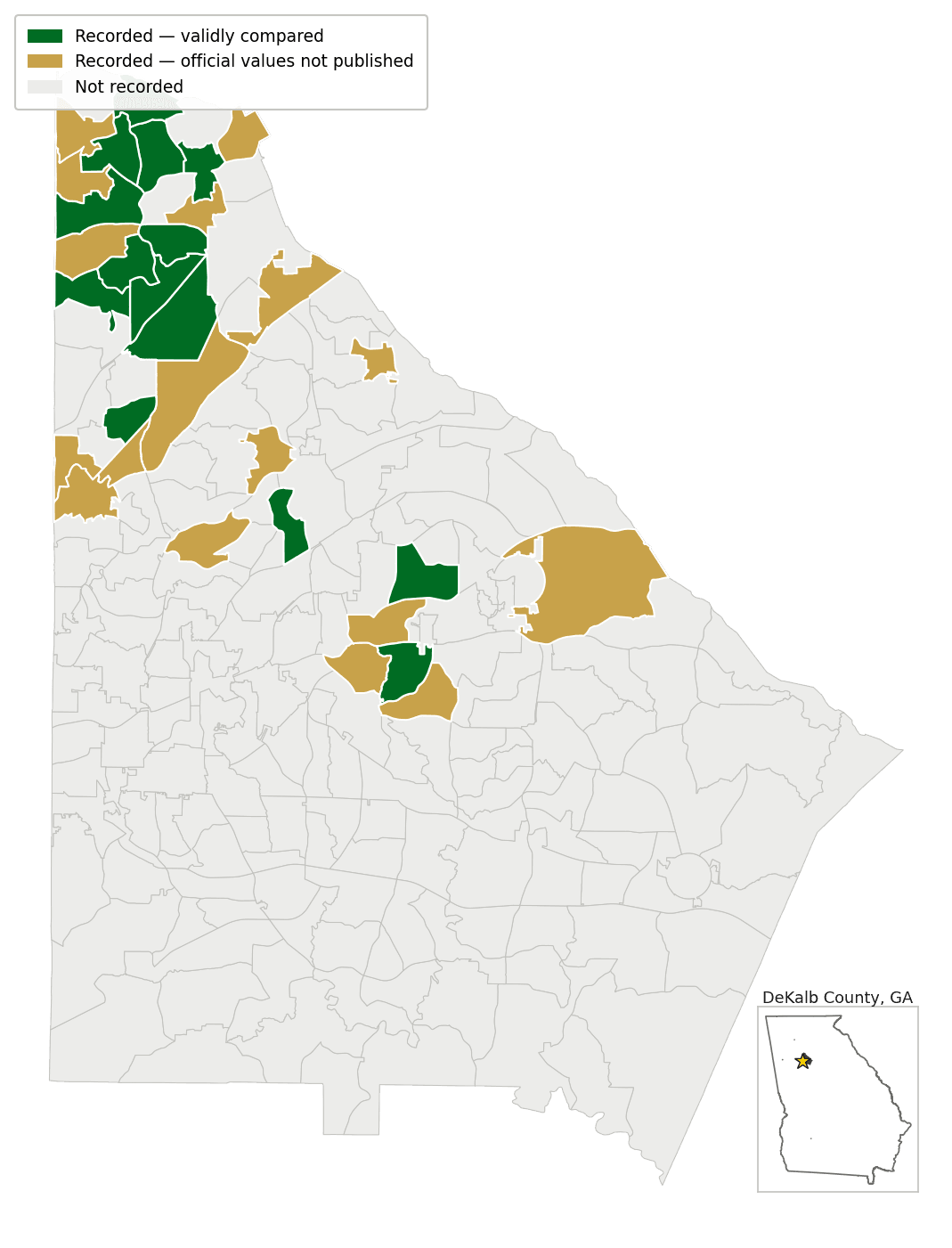 Map of DeKalb County, GA, showing comparison status per precinct: compared, recorded but unpublished, or not recorded.