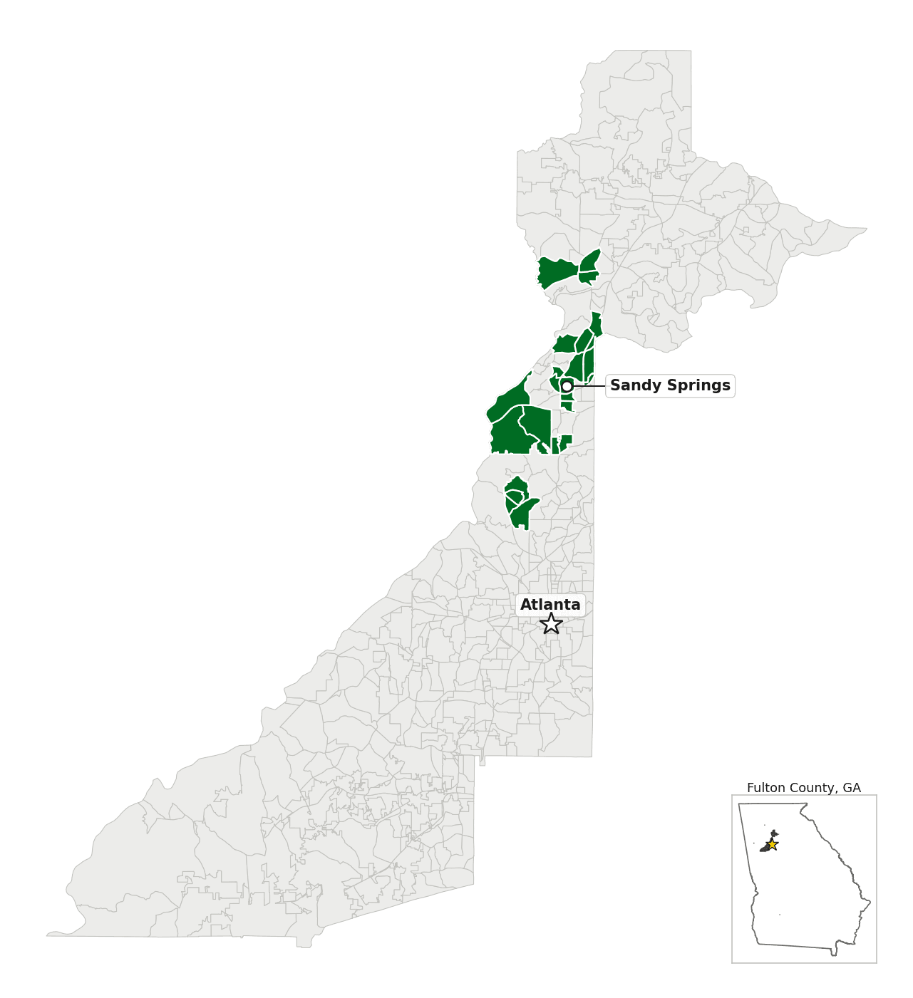 Map of Fulton County, GA, with the precincts covered by transcribable election-day tapes shaded green.