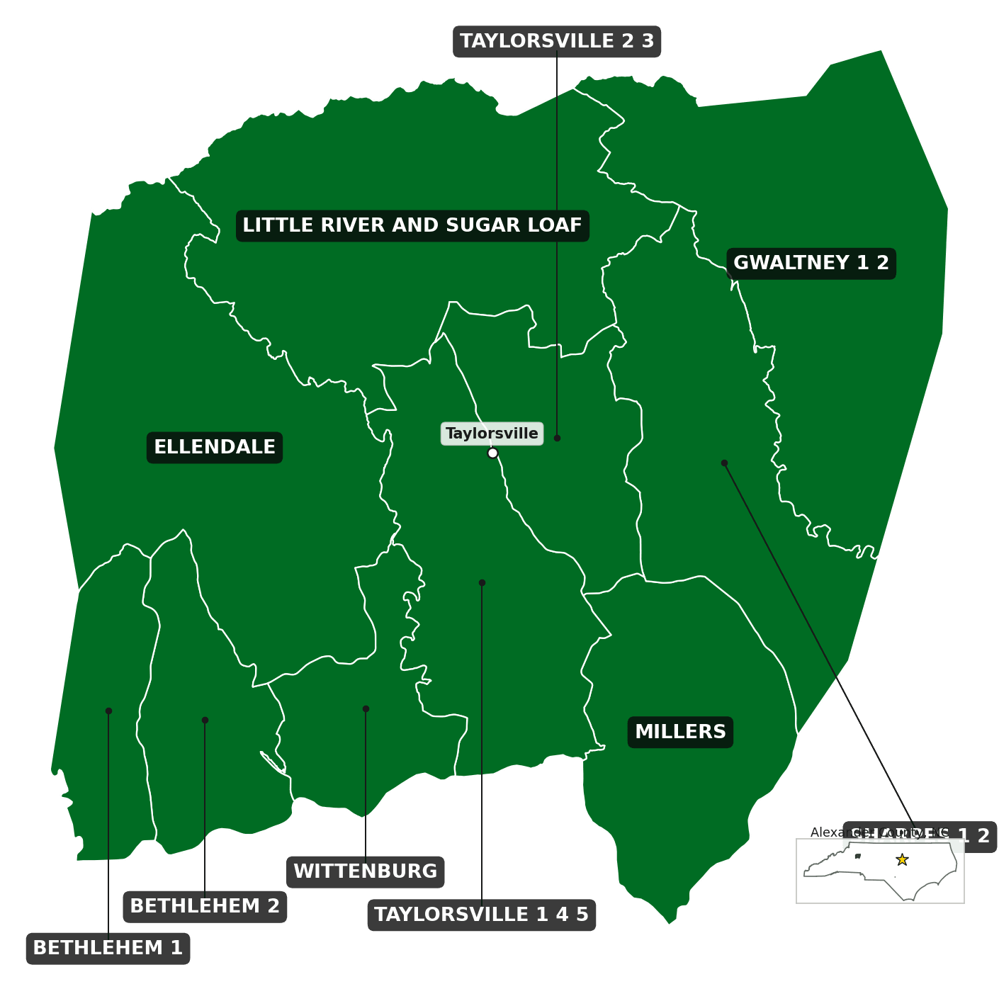 Map of Alexander County, NC, with the precincts covered by transcribable submissions shaded.