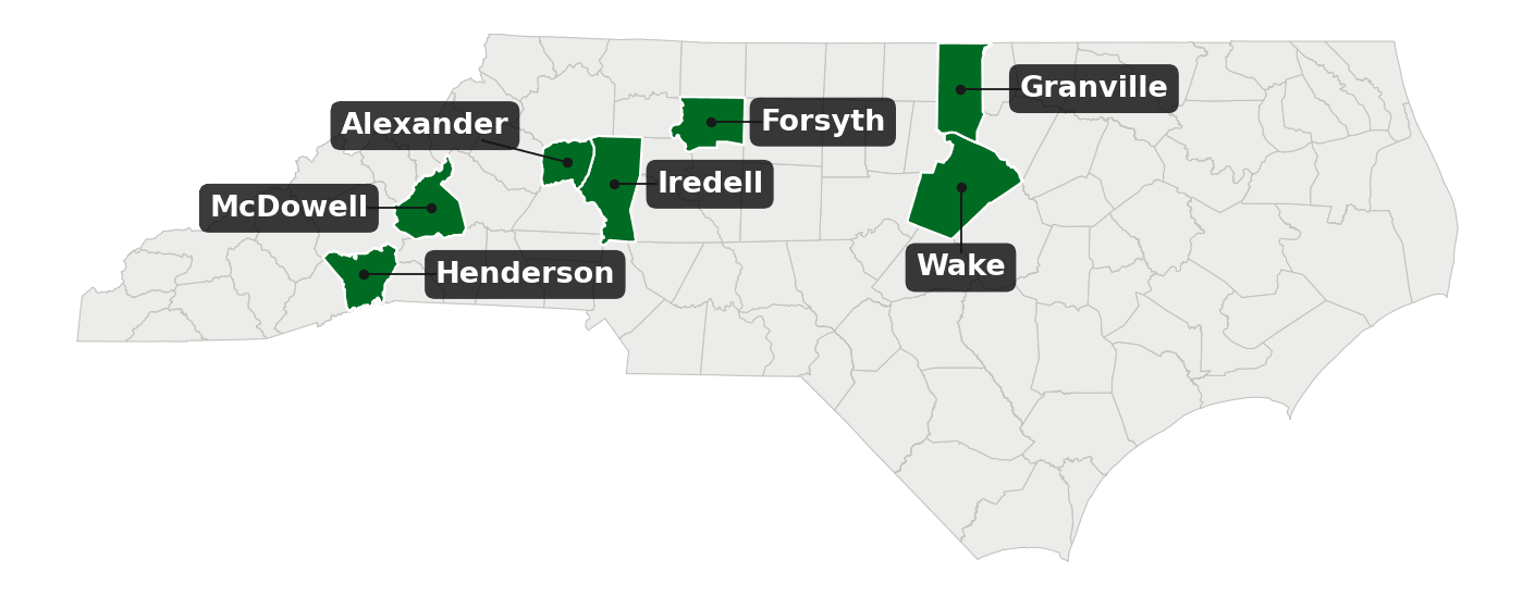 Map of North Carolina with the seven counties covered in this analysis shaded: Alexander, Forsyth, Granville, Henderson, Iredell, McDowell, and Wake.