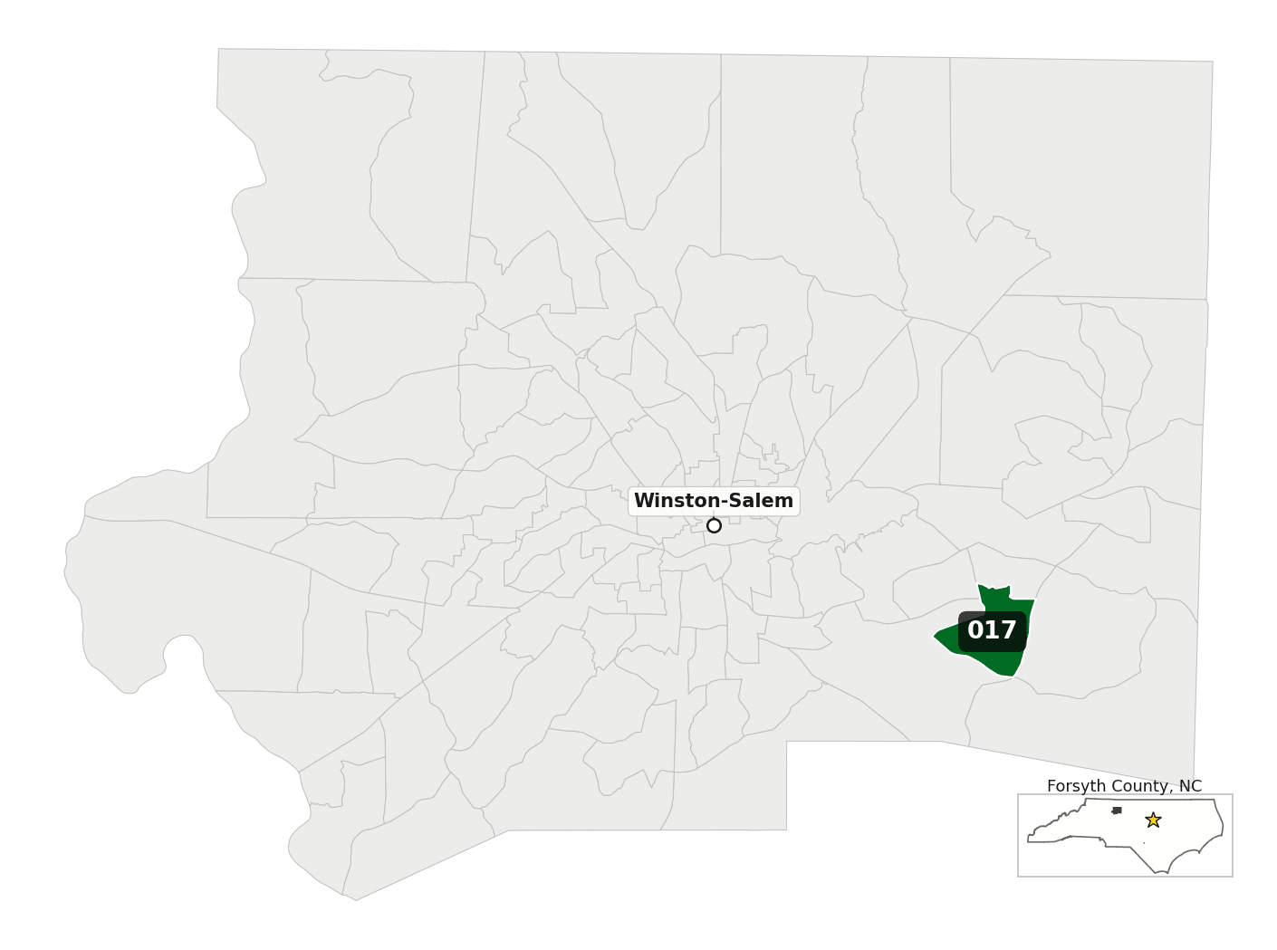 Map of Forsyth County, NC, with the precincts covered by transcribable submissions shaded.