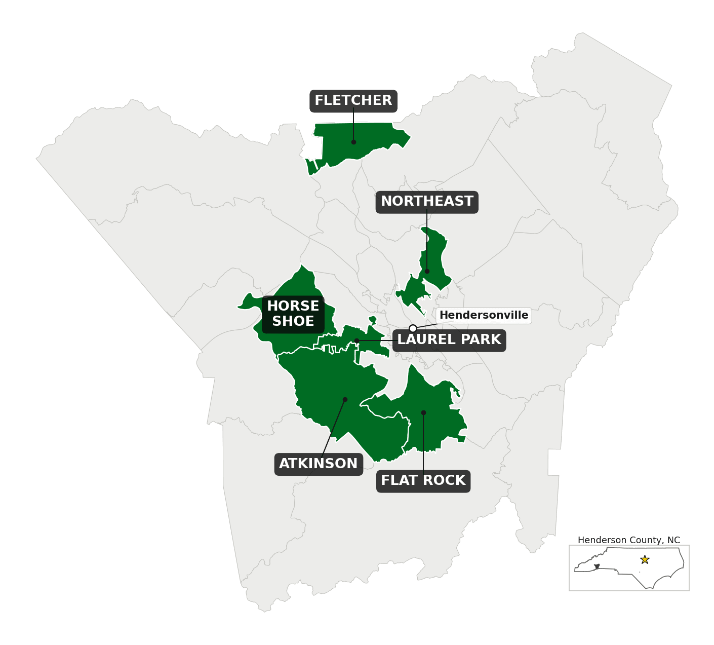 Map of Henderson County, NC, with the precincts covered by transcribable submissions shaded.