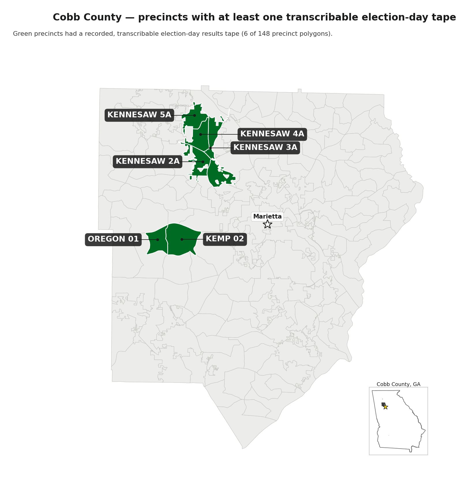 Map of Cobb County, GA, with the precincts covered by transcribable election-day tapes shaded green.