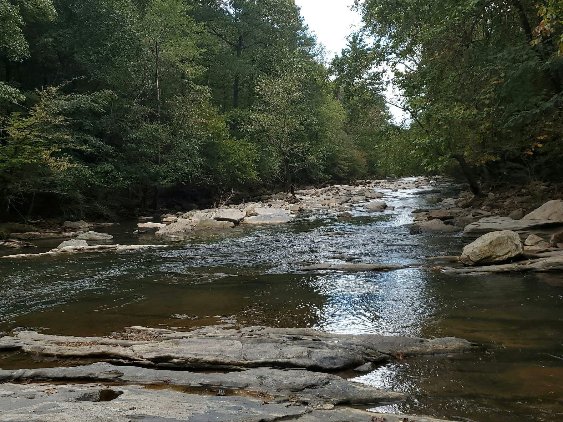 Sope Creek flowing over flat stone ledges in Marietta, Georgia