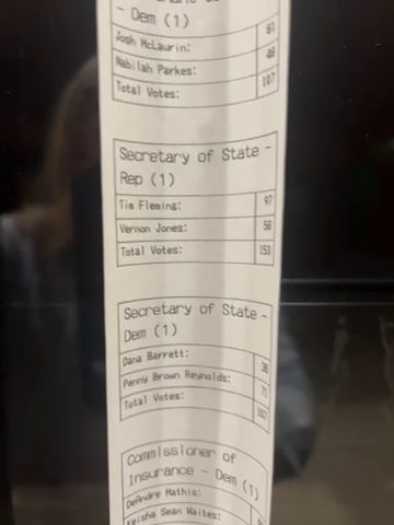 The poll tape frame from tape 5104 showing the Secretary of State - Dem contest, with Penny Brown Reynolds at 71