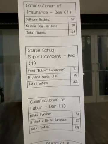 The poll tape frame from tape 5105 showing the Commissioner of Labor - Dem contest, with Michelle Michi Sanchez at 62