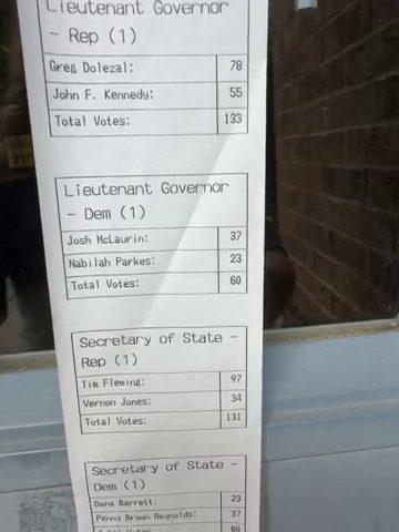 The poll tape frame from tape 5107 showing the Secretary of State - Dem contest, with Penny Brown Reynolds at 37