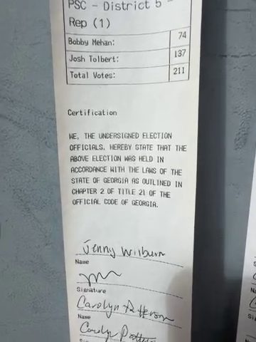 The poll tape frame from tape 5108 showing the PSC - District 5 - Rep contest, with Bobby Mehan at 74