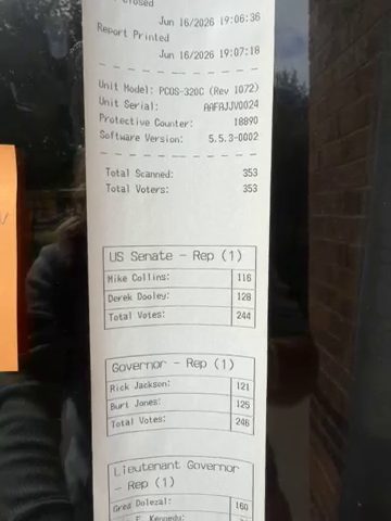 The poll tape frame from tape 5108 showing the US Senate - Rep contest, with Mike Collins at 116
