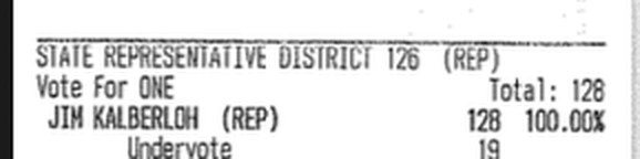 Crop of the Fairview tape showing the State Representative District 126 (Rep) contest, with Jim Kalberloh at 128
