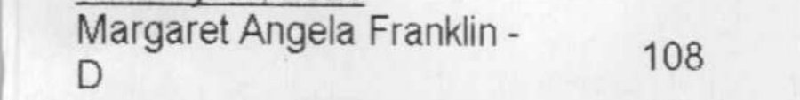 The line from the precinct 312 poll tape reading Margaret Angela Franklin 108