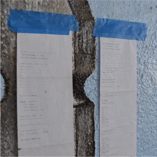 Poll tapes posted in public view on the wall of a polling place on election night