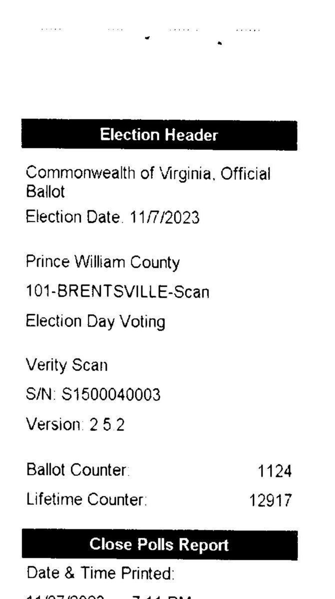 The top of a Prince William County poll tape: Commonwealth of Virginia Official Ballot, election date 11/7/2023, precinct 101-Brentsville-Scan, Election Day Voting, Verity Scan serial number S1500040003, ballot counter 1124